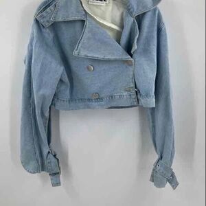 Rotate Womens Blue Long Sleeve Button Front Cropped Jean Jacket Size 0